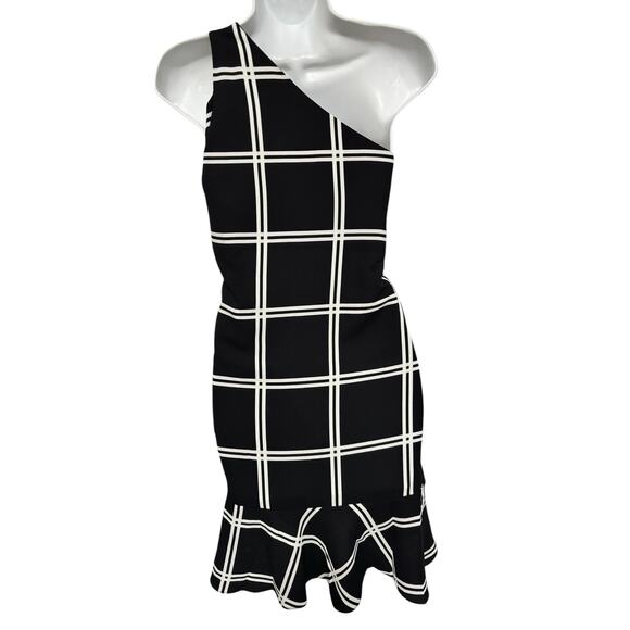 bar III Women's Grid One Shoulder Mini Dress Size XL Black Ruffle Whimsygoth - Picture 1 of 6